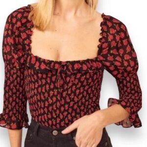 Floral Print Babydoll Milkmaid puff sleeve smoked top Size M Ruffle cuffs Y2K